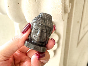 Silver Sheen Obsidian Buddha Head | 5cm Carved Crystal Statue for Protection & Meditation