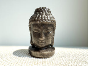 Silver Sheen Obsidian Buddha Head | 5cm Carved Crystal Statue for Protection & Meditation