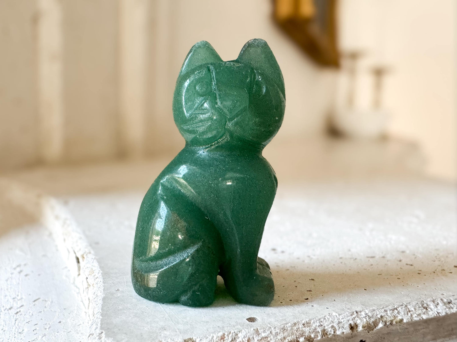 Green Aventurine Cat Figurine: Lucky Crystal Animal Statue, Reiki Healing