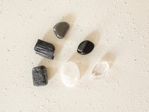 Protection & Grounding Crystal Kit – Larvikite, Black Obsidian, Hematite, Clear Quartz, Tourmaline Stones