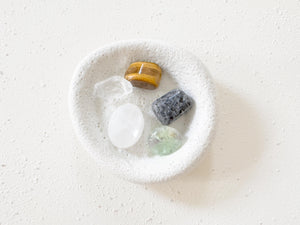 Focus & Productivity Crystal Set – Larvikite, Fluorite, Tiger’s Eye, Clear Quartz + Free Selenite Stand