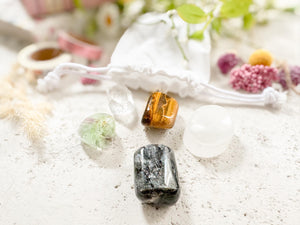 Focus & Productivity Crystal Set – Larvikite, Fluorite, Tiger’s Eye, Clear Quartz + Free Selenite Stand