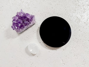 Amethyst Cluster & Black Obsidian Scrying Mirror Set + Free Selenite Charging Stand – Intuition, Protection, Meditation