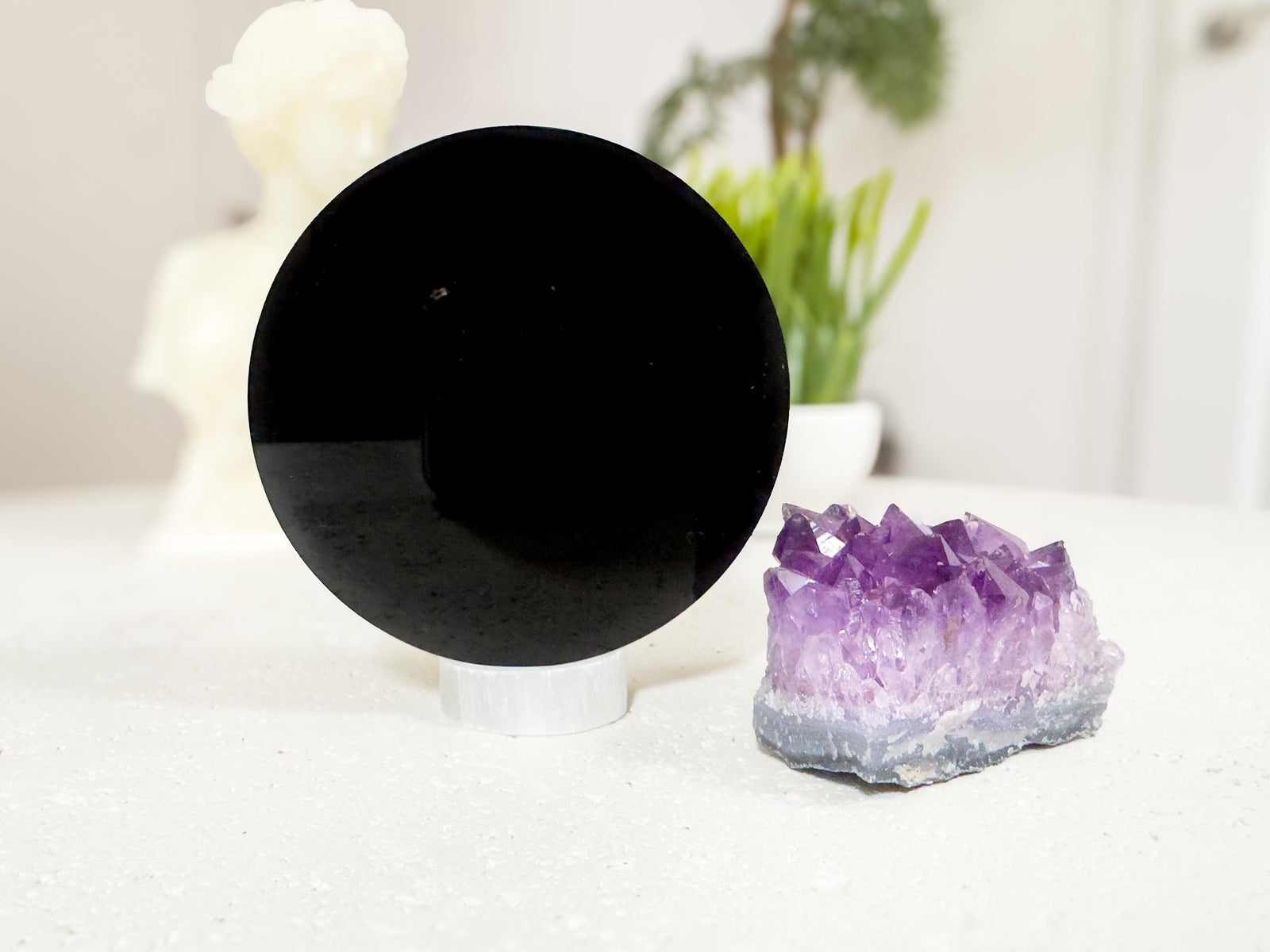 Amethyst Cluster & Black Obsidian Scrying Mirror Set + Free Selenite Charging Stand – Intuition, Protection, Meditation