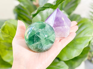Fluorite Sphere & Amethyst Point Set with Selenite Charging Stand