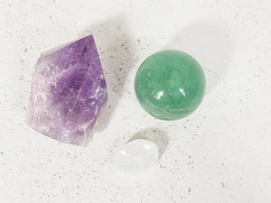 Fluorite Sphere & Amethyst Point Set with Selenite Charging Stand