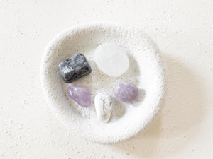 Stress Relief & Balance Crystal Gift Set – Larvikite, Amethyst, Howlite, Lepidolite, Selenite Plate