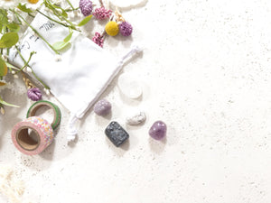 Stress Relief & Balance Crystal Gift Set – Larvikite, Amethyst, Howlite, Lepidolite, Selenite Plate
