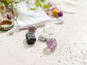 Stress Relief & Balance Crystal Gift Set – Larvikite, Amethyst, Howlite, Lepidolite, Selenite Plate