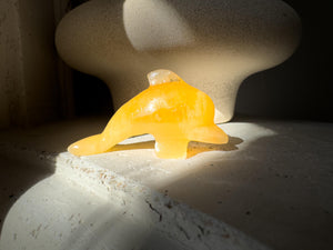 Hand Carved Orange Calcite Dolphin Figurine: Healing Crystal Decor (3")