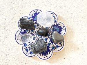 Protection & Grounding Crystal Kit – Larvikite, Black Obsidian, Hematite, Clear Quartz, Tourmaline Stones