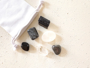 Protection & Grounding Crystal Kit – Larvikite, Black Obsidian, Hematite, Clear Quartz, Tourmaline Stones