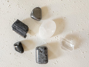 Protection & Grounding Crystal Kit – Larvikite, Black Obsidian, Hematite, Clear Quartz, Tourmaline Stones