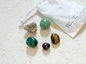 Abundance & Prosperity Crystal Set – Pyrite, Aventurine, Nephrite Jade, Garnet, Tiger’s Eye + Free Selenite Plate
