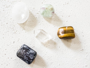 Focus & Productivity Crystal Set – Larvikite, Fluorite, Tiger’s Eye, Clear Quartz + Free Selenite Stand