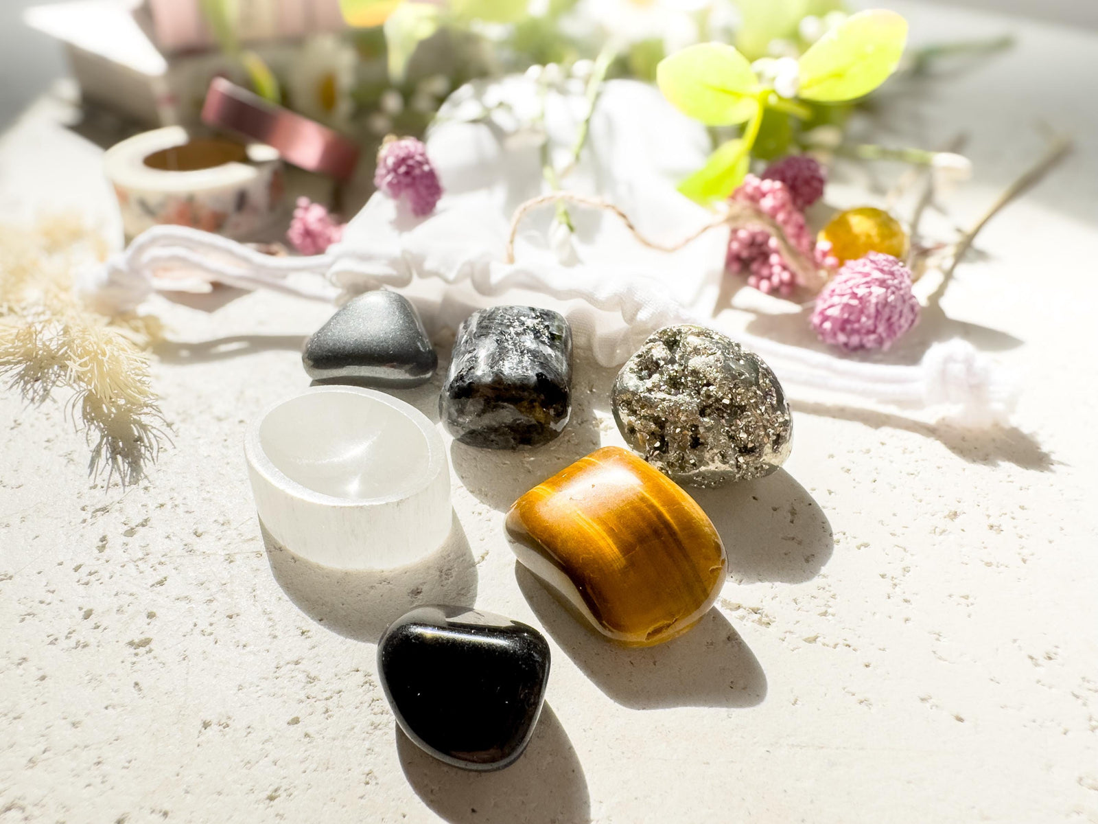 Crystal Gift Set for Him – Larvikite, Tiger’s Eye, Pyrite, Hematite, Obsidian Stones for Strength, Protection & Energy