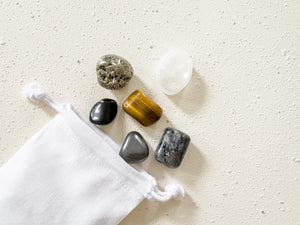 Crystal Gift Set for Him – Larvikite, Tiger’s Eye, Pyrite, Hematite, Obsidian Stones for Strength, Protection & Energy