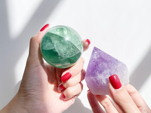 Fluorite Sphere & Amethyst Point Set with Selenite Charging Stand