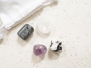 Intuition & Moon Energy Crystal Gift Set – Larvikite, Amethyst, Moonstone, Selenite Plate for Meditation, Healing