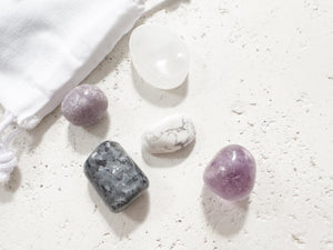 Stress Relief & Balance Crystal Gift Set – Larvikite, Amethyst, Howlite, Lepidolite, Selenite Plate