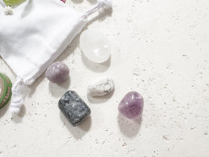Stress Relief & Balance Crystal Gift Set – Larvikite, Amethyst, Howlite, Lepidolite, Selenite Plate
