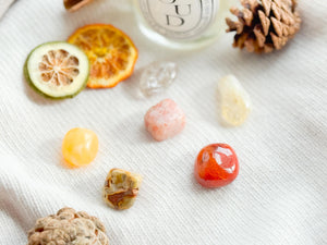 Fall Crystal Set – Carnelian, Smoky Quartz, Sunstone, Citrine, Agate, Orange Calcite Tumbles for Warm Energy & Seasonal Gift