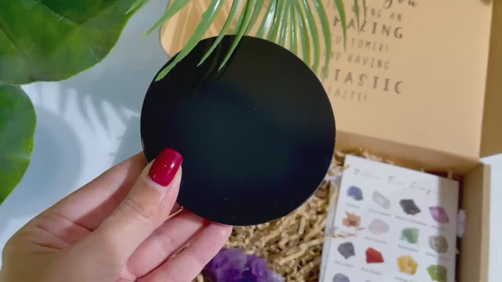 Amethyst Cluster and Black Obsidian Scrying Mirror Crystal Set - Obsidian Mirror | Large Crystals l * GIFT w/2 Items + FREE STAND