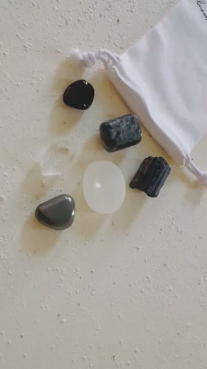 Protection & Grounding Crystal Kit – Larvikite, Black Obsidian, Hematite, Clear Quartz, Tourmaline Stones