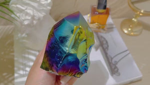 Rainbow Aura Black Obsidian Crystal Tower: Titanium Flame Aura Point