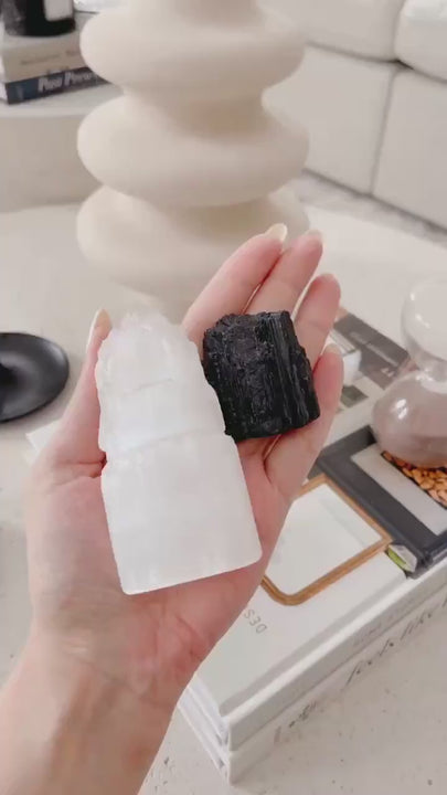 Selenite Tower & Black Tourmaline Rough Crystal Set for Powerful Protection Against Negative Energy and EMFs
