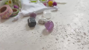 Stress Relief & Balance Crystal Gift Set – Larvikite, Amethyst, Howlite, Lepidolite, Selenite Plate