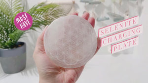 Etched Selenite Charging Plate – Flower of Life Design – Crystal Grid & Energy Cleanse Tool