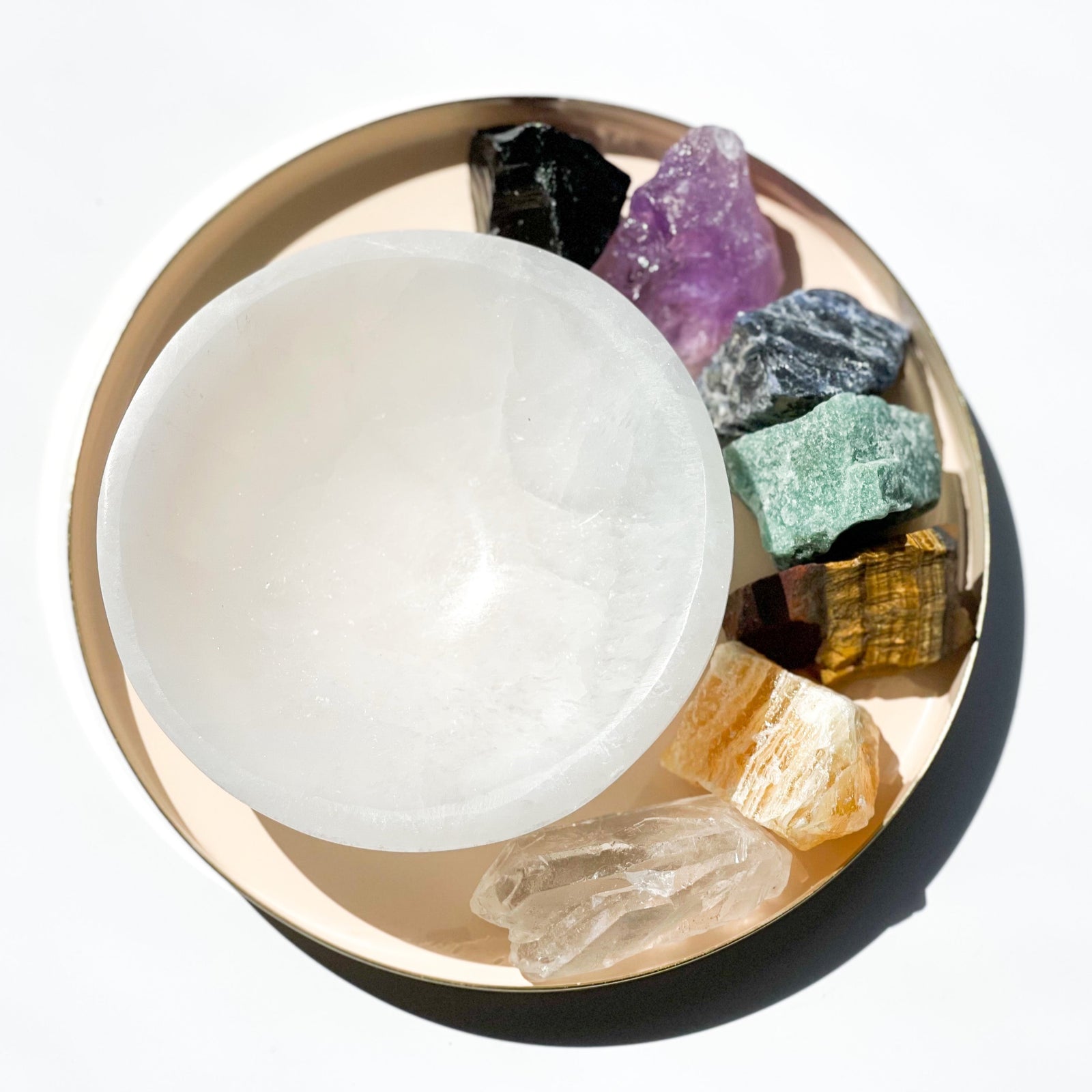 Chakra set with 7 Chakra Stones and a Selenite Charging Bowl