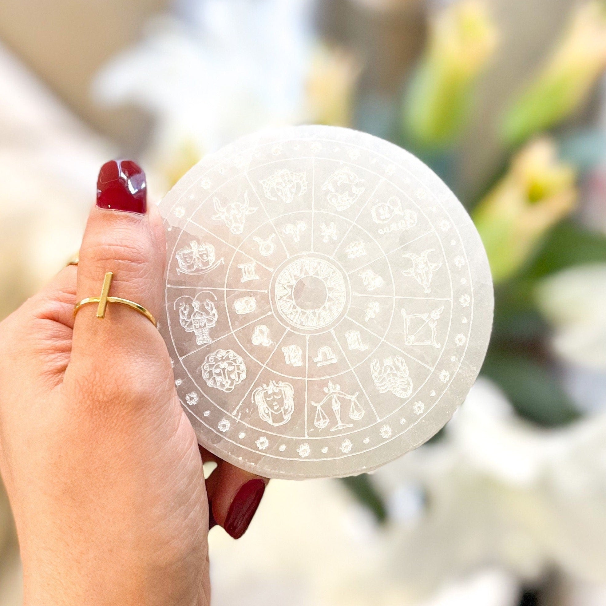 Selenite Charging Plate with Astrology signs