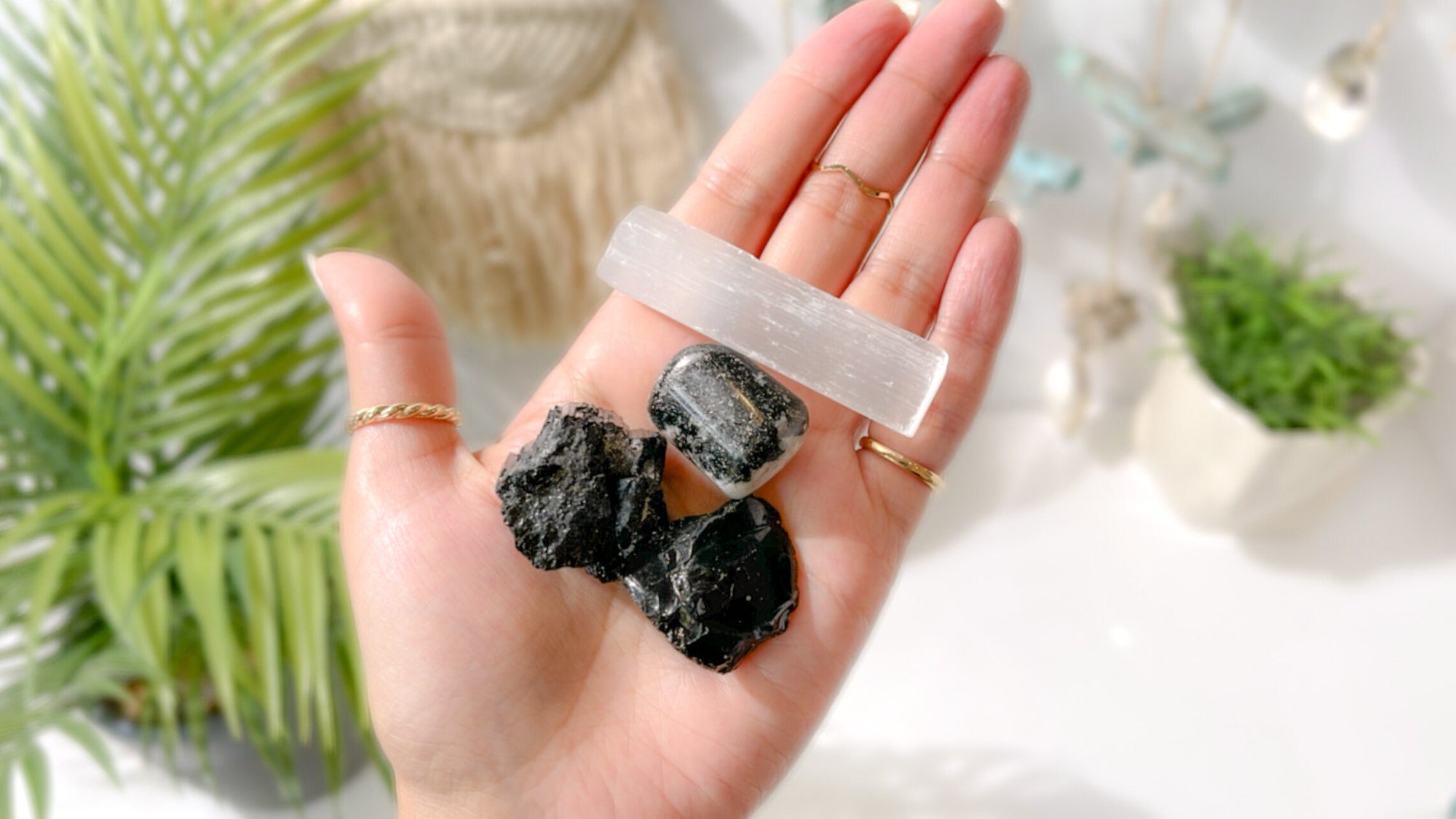 Protective Energy Healing Crystal Set: Black Tourmaline, Obsidian, Moonstone & Selenite