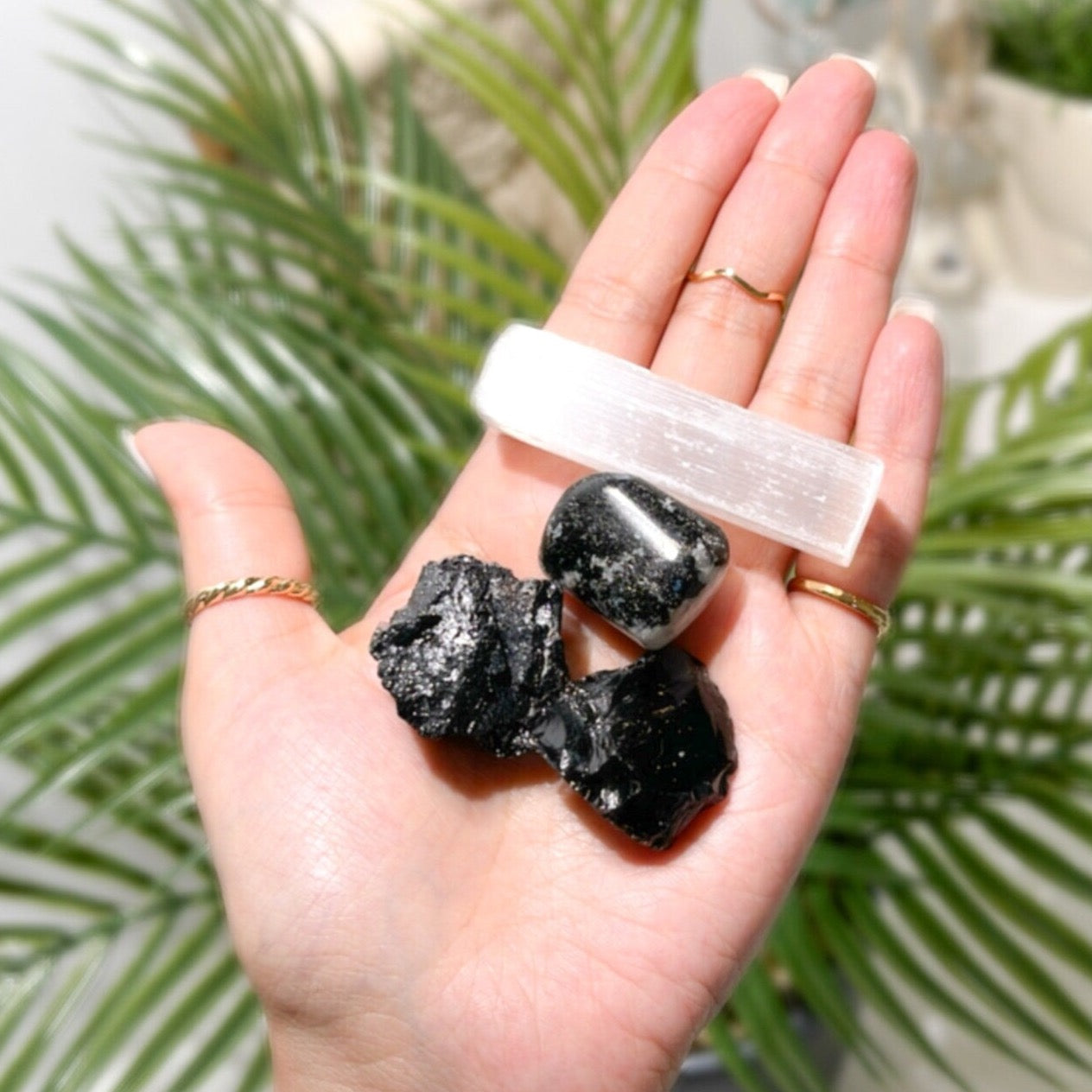 Protective Energy Healing Crystal Set: Black Tourmaline, Obsidian, Moonstone & Selenite