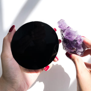 Amethyst Cluster and Black Obsidian Scrying Mirror Crystal Healing Set