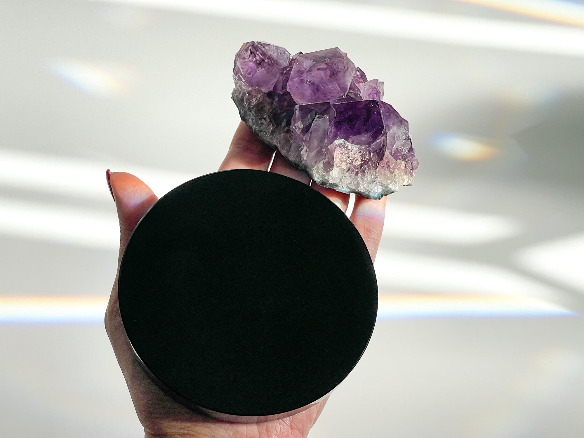 Amethyst Cluster and Black Obsidian Scrying Mirror Crystal Set - Obsidian Mirror | Large Crystals l * GIFT w/2 Items + FREE STAND