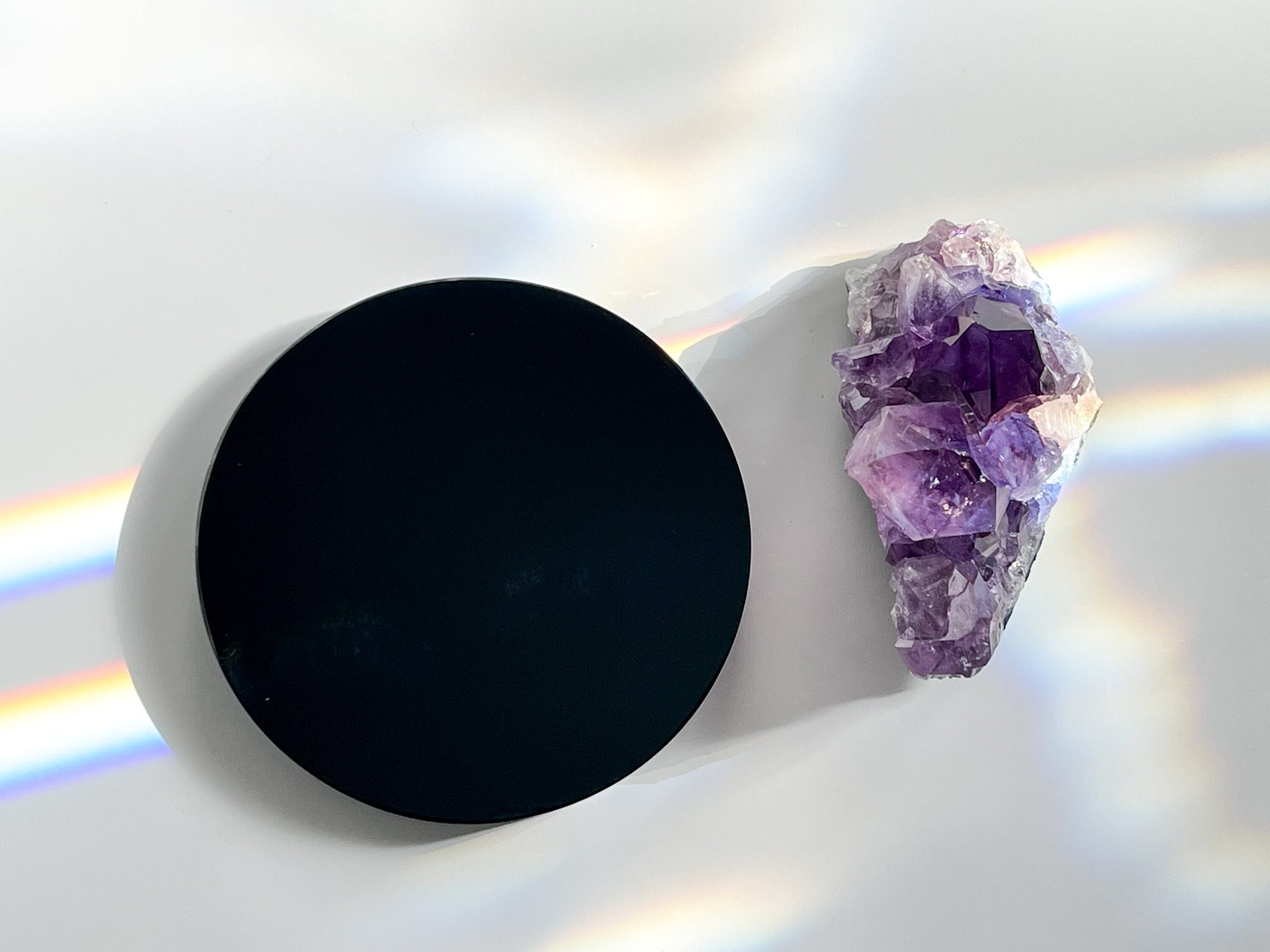 Amethyst Cluster and Black Obsidian Scrying Mirror Crystal Set - Obsidian Mirror | Large Crystals l * GIFT w/2 Items + FREE STAND