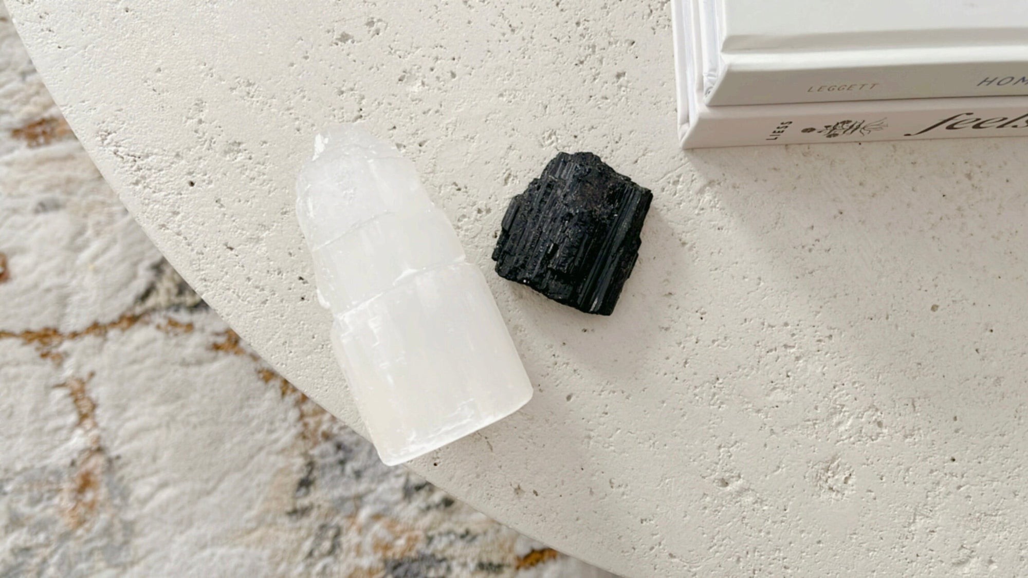Selenite Tower & Black Tourmaline Rough Crystal Set for Powerful Protection Against Negative Energy and EMFs