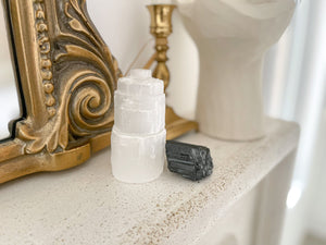 Selenite Tower & Black Tourmaline Rough Crystal Set for Powerful Protection Against Negative Energy and EMFs