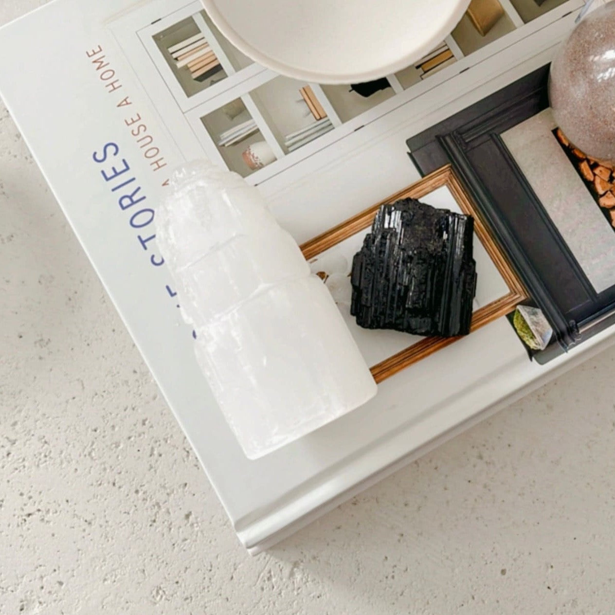 Selenite Tower & Black Tourmaline Rough Crystal Set for Powerful Protection Against Negative Energy and EMFs