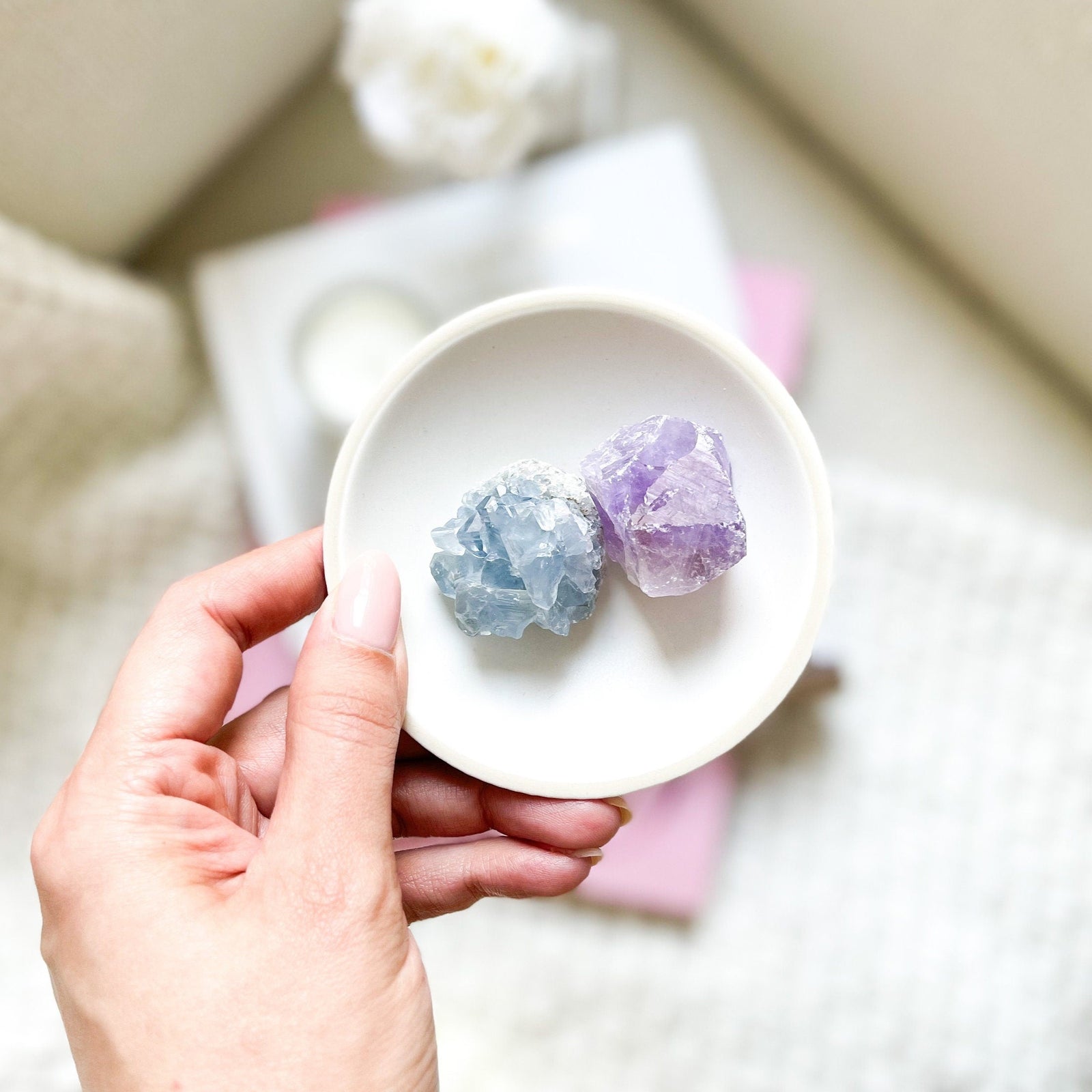 Celestite and Amethyst Crystal Set, Celestite Cluster Raw Amethyst Crystal Gift Set Home Decor Crystal Healing Kit