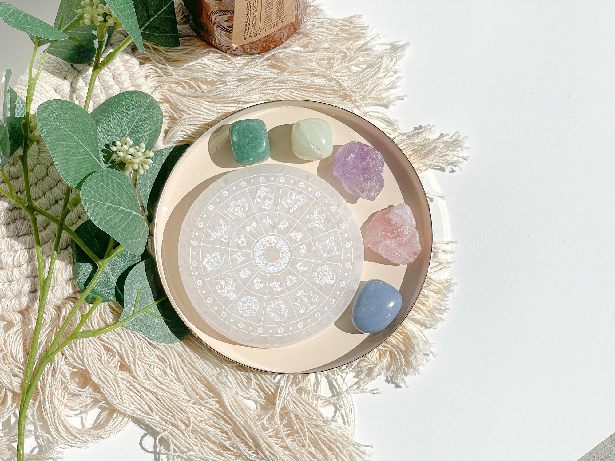 Aquarius Zodiac Crystal Set + Selenite Plate: Angelite, Aventurine, Jade, Amethyst, Rose Quartz - Healing Stones with Astrological Design