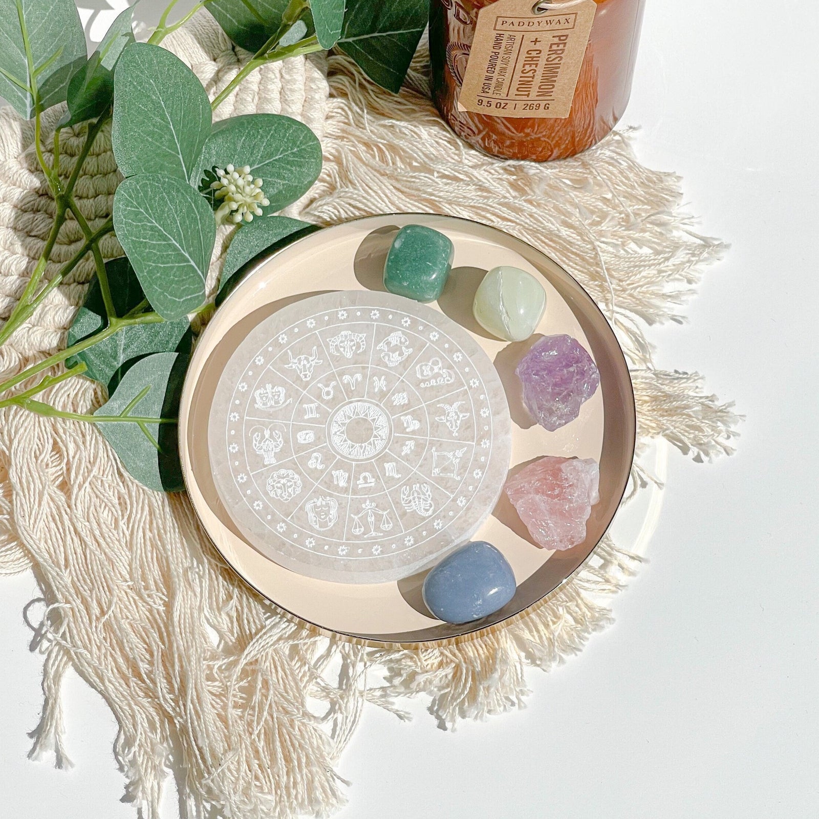 Aquarius Zodiac Crystal Set + Selenite Plate: Angelite, Aventurine, Jade, Amethyst, Rose Quartz - Healing Stones with Astrological Design