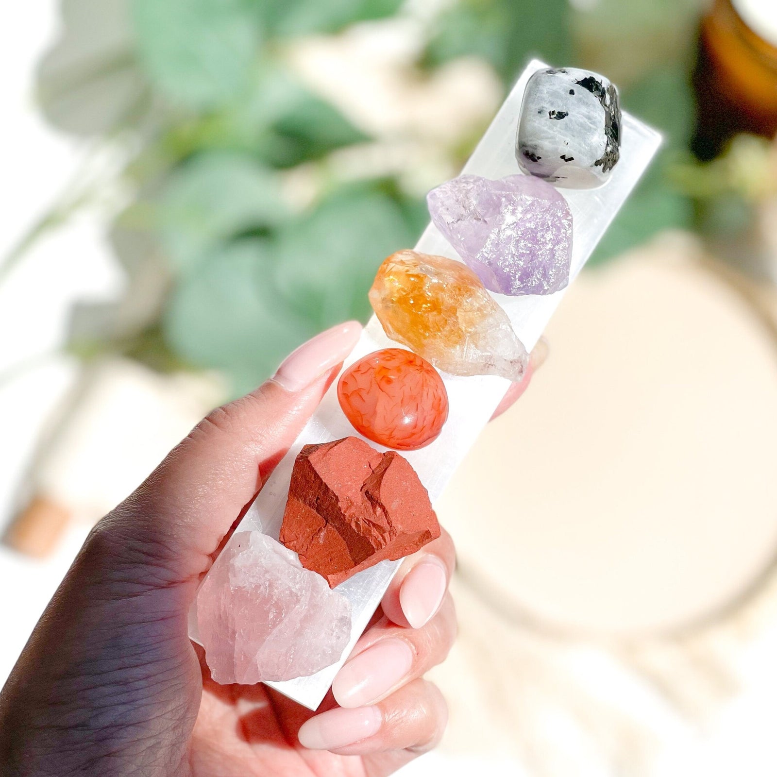 Cancer Zodiac Deluxe Crystal Healing Set: Carnelian, Red Jasper, Moonstone, Amethyst, Citrine, Rose Quartz & Selenite Charging Plate