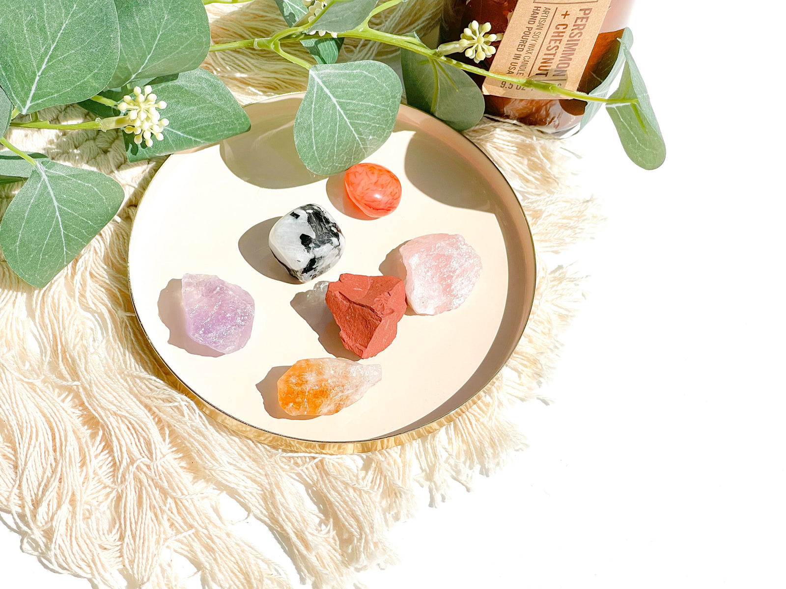 Cancer Zodiac Deluxe Crystal Healing Set: Carnelian, Red Jasper, Moonstone, Amethyst, Citrine, Rose Quartz & Selenite Charging Plate