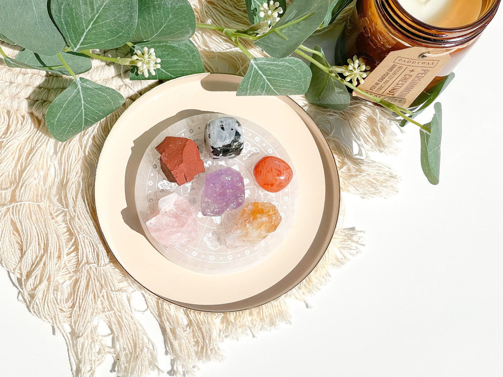 Zodiac Selenite Charging Plate Cancer Crystal Bundle: Carnelian, Red Jasper, Moonstone, Amethyst, Citrine, Rose Quartz, Cotton Pouch