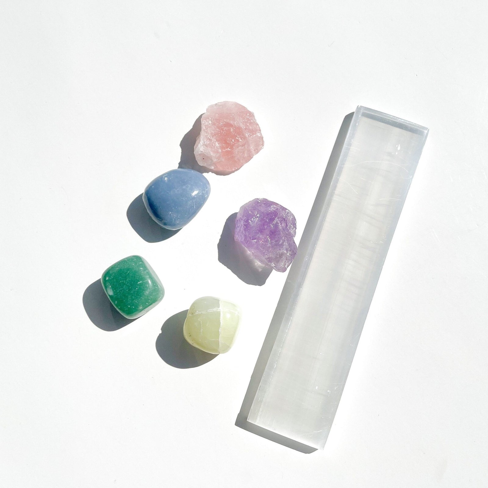Aquarius Zodiac Crystal Set with Selenite Plate: Angelite, Aventurine, Jade, Amethyst, Rose Quartz - Healing Stones, Cotton Pouch, Info Card