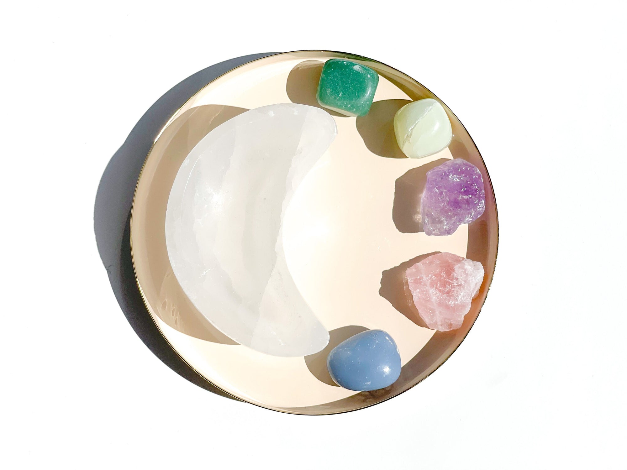Aquarius Zodiac Crystal Set & Selenite Moon Bowl: Angelite, Aventurine, Jade, Amethyst, Rose Quartz - Healing Stones with Celestial Design